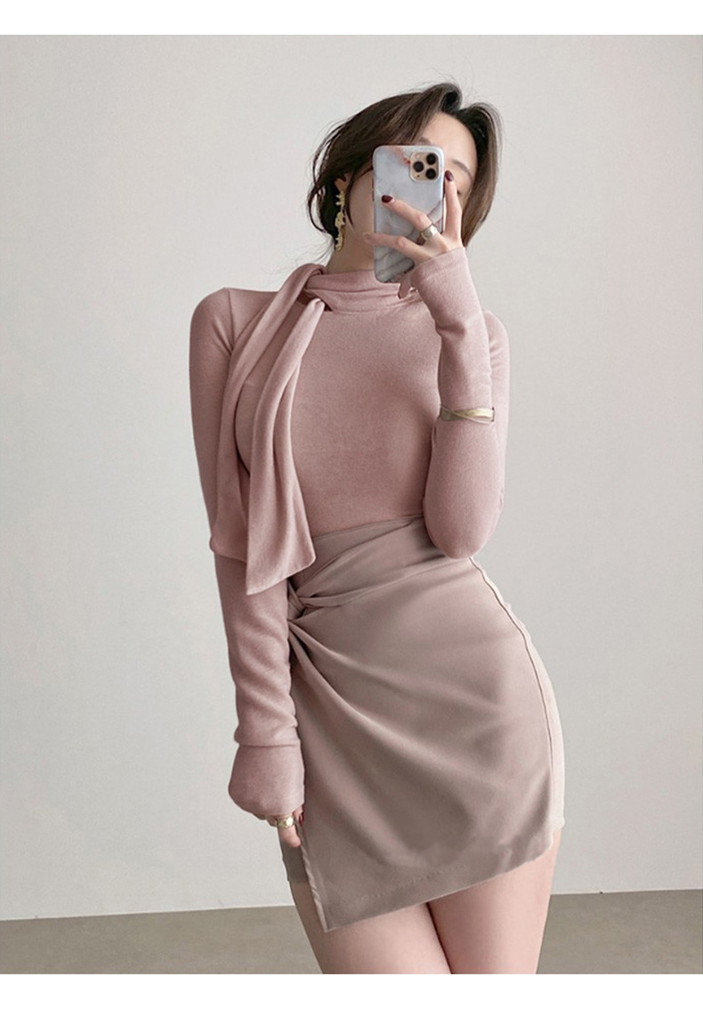 女人味飘带紧身高领长袖T恤女 韩国东大门新款温柔奶油粉女式上衣详情6