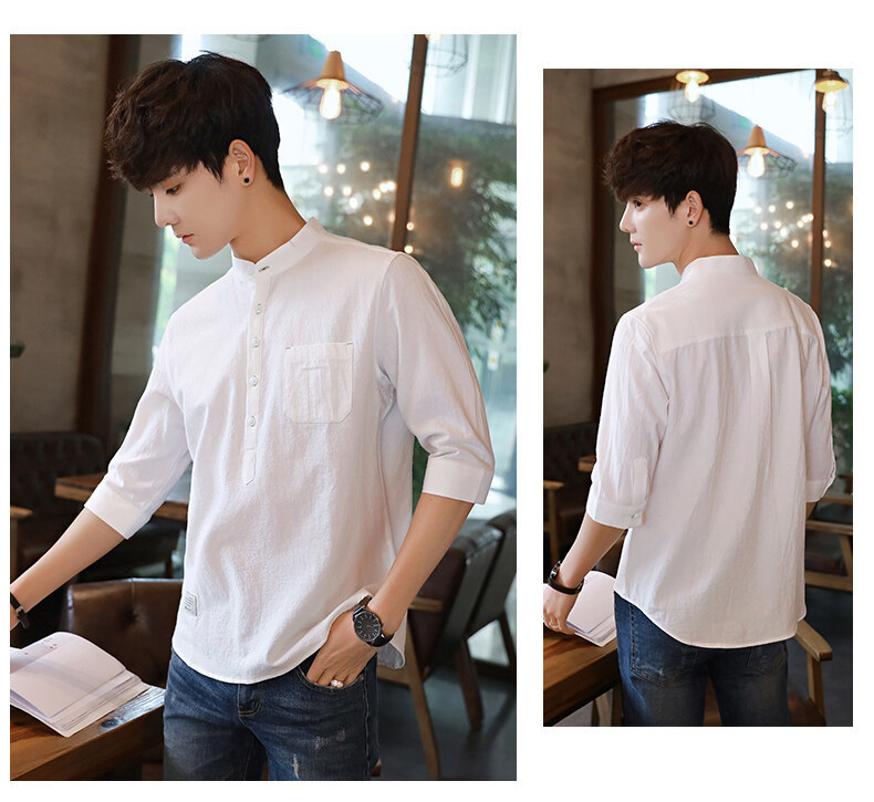 衬衫男士夏季韩版潮流帅气休闲百搭亚麻上衣七分短袖男装白色衬衣详情17