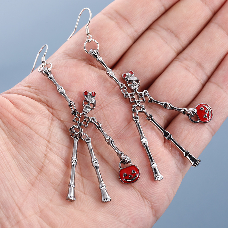 Halloween series Antique PVC human skeleton earrings, terrifying skull key chain accessories, alloy pendants pic 1