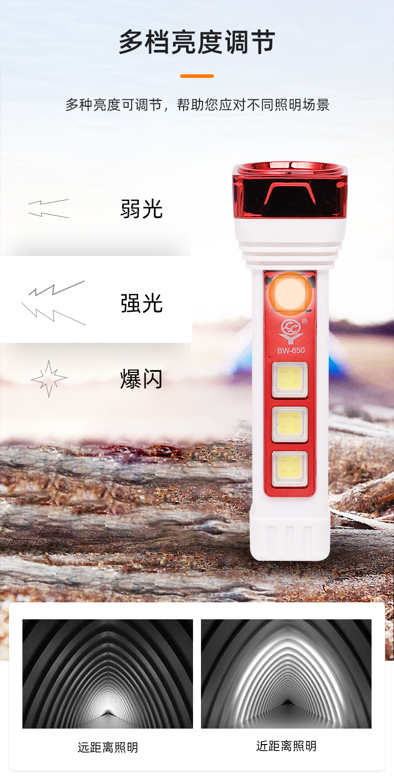 LED塑料手电筒批发 多档调节带侧灯手电USB充电式家用户外手电筒详情6