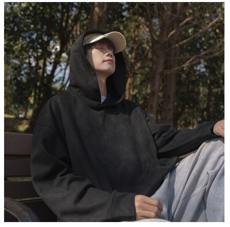 麂皮绒卫衣男士2023秋季新款美式潮牌重磅纯色连帽情侣上衣外套男详情8