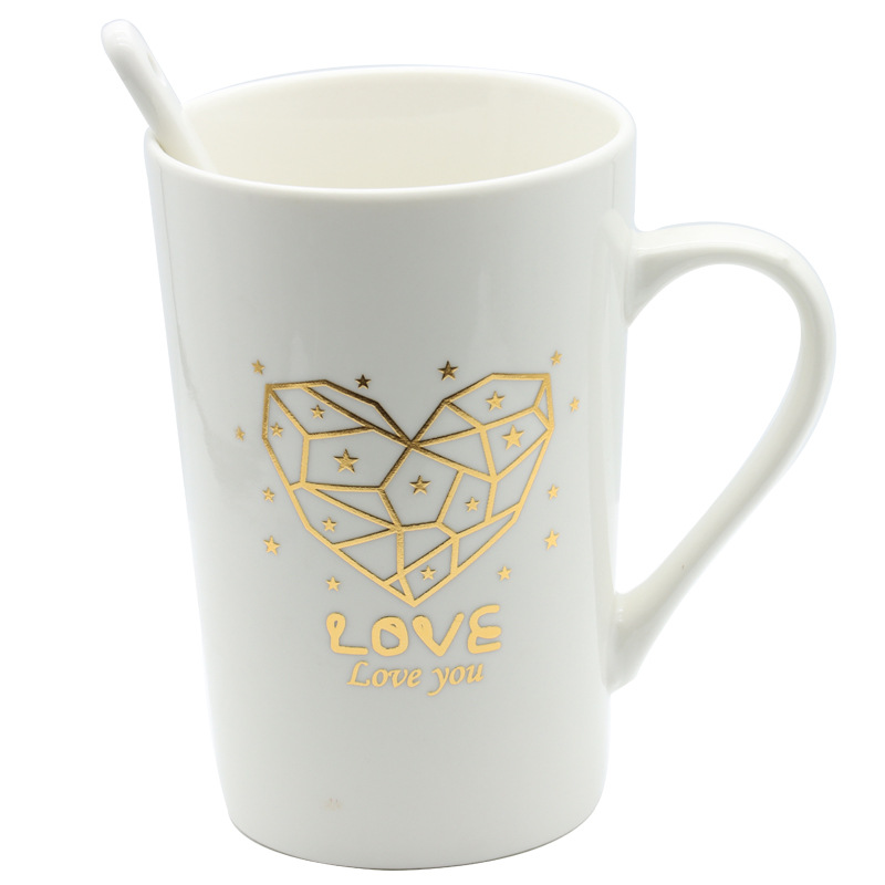 情人节陶瓷杯马克杯白底简约风格镀金心形设计带柄勺套装大容量水杯详情7