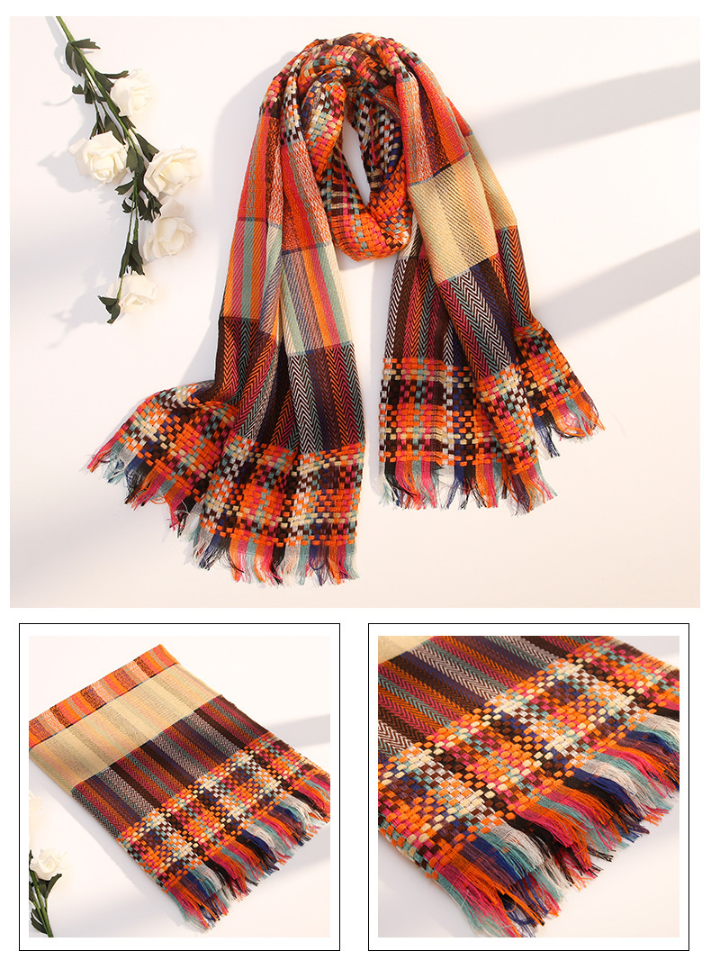 秋冬新款韩版围巾女草编彩条时尚披肩加长加厚保暖田园风围巾详情23