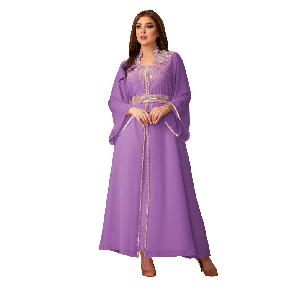XQY500090 Foreign trade Arab robe, Middle East kaftan fashion Hot diamond belted chiffon dress pic 16
