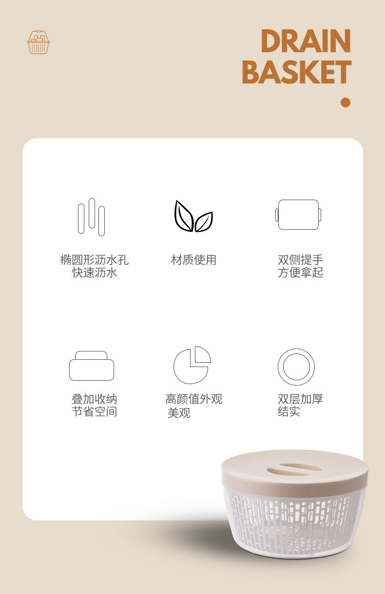 Multi-layer draining hand-held vegetable washing baskets, double-layer covered draining baskets, food storage boxes, household refrigerators, food storage boxes, kitchen plastic wholesale pic 2