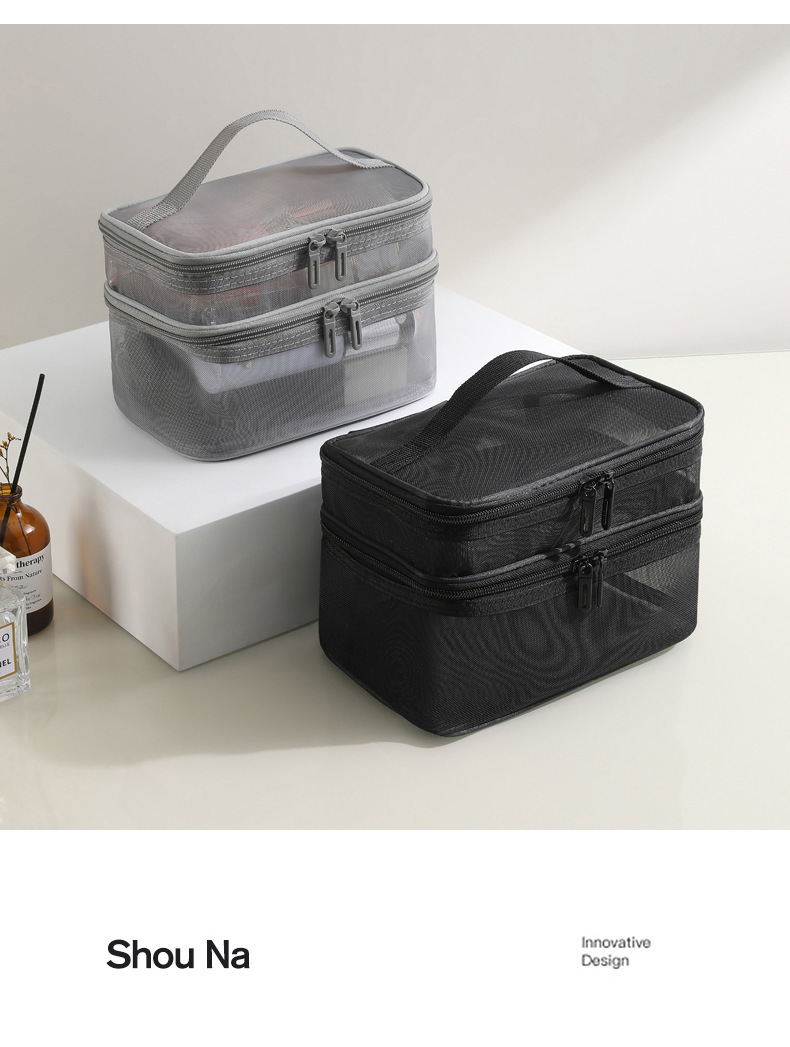 跨境现货新款手提包化妆包便携式透明大容量双层网纱洗漱收纳包袋详情22