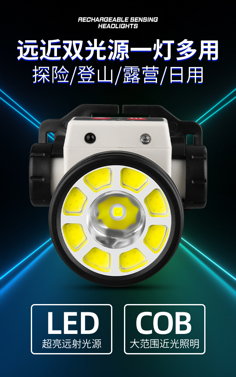 跨境智能感应头灯led户外强光usb充电轻便工作电筒夜钓跑步cob灯详情4