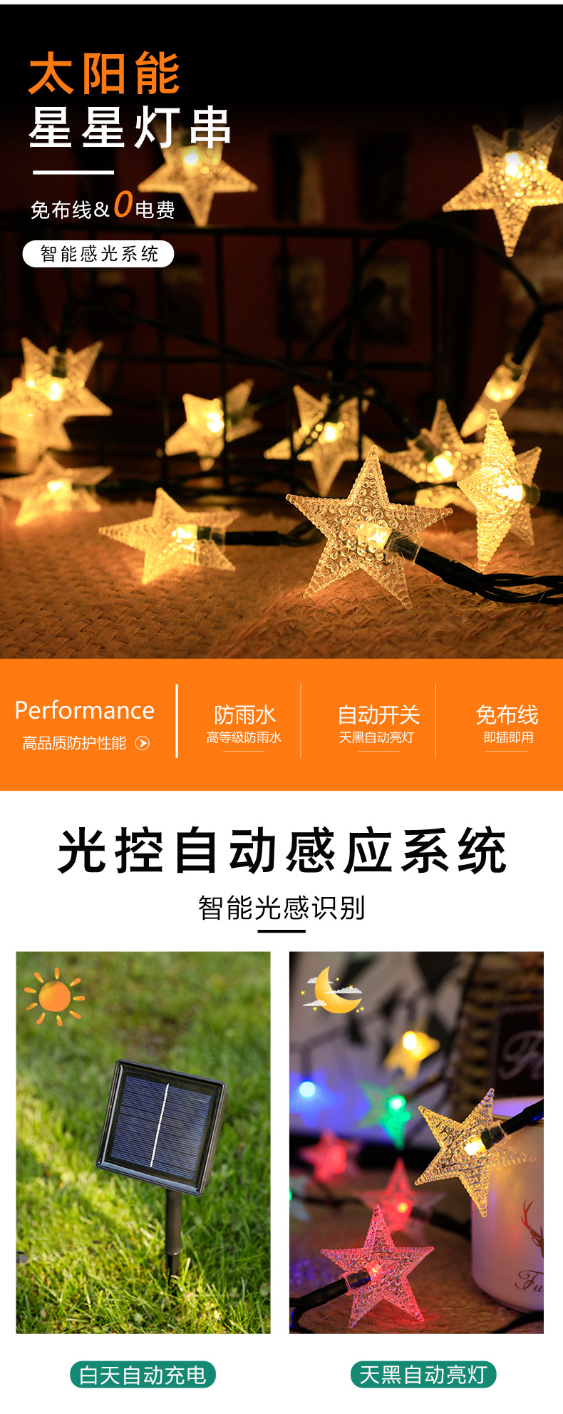 Amazon Premium LED solar star light string, outdoor waterproof festival decorative color light, courtyard cross-border supply pic 1