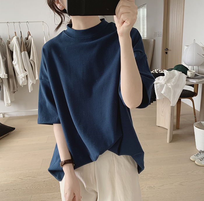 琪镌绘制半高领t恤女式春夏季新款宽松显瘦韩版简约半袖减龄棉质详情13