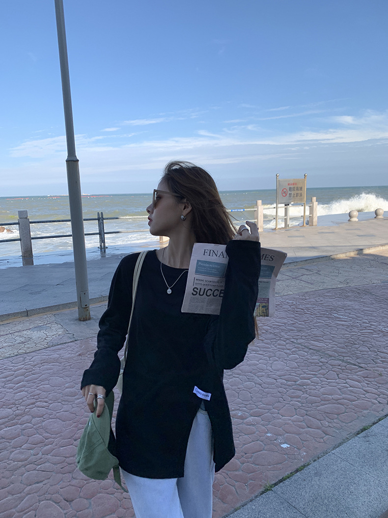 黄峥简约贴标开叉长袖T恤女2022春韩版宽松休闲设计感上衣T85396详情37