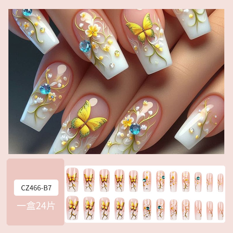 Wholesale of pink and white gradient diamond-encrusted nail plates, simple flower nail patches, cross-border best-selling butterfly wearable nails pic 20