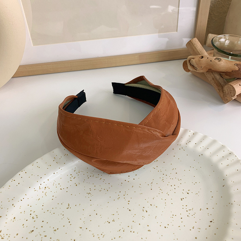 Retro solid color Pu leather wide cross headband, versatile for women, simple hairband for washing face, hair pressure and trendy headwear pic 18
