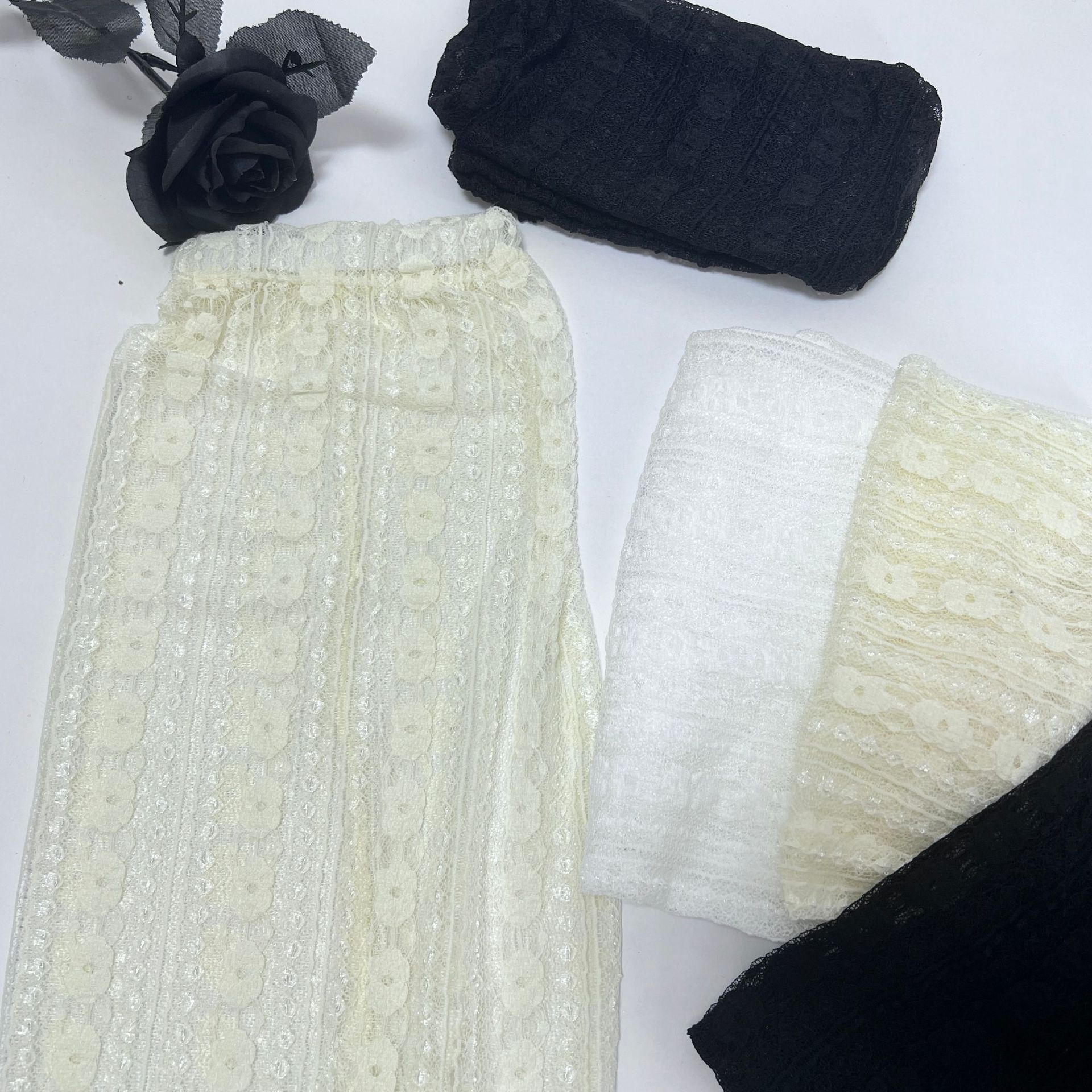 Black socks for women spring and summer, thin vertical striped small flower thin leg coverings, thick and wide leg coverings, mid-calf lace hot girl calf socks pic 8