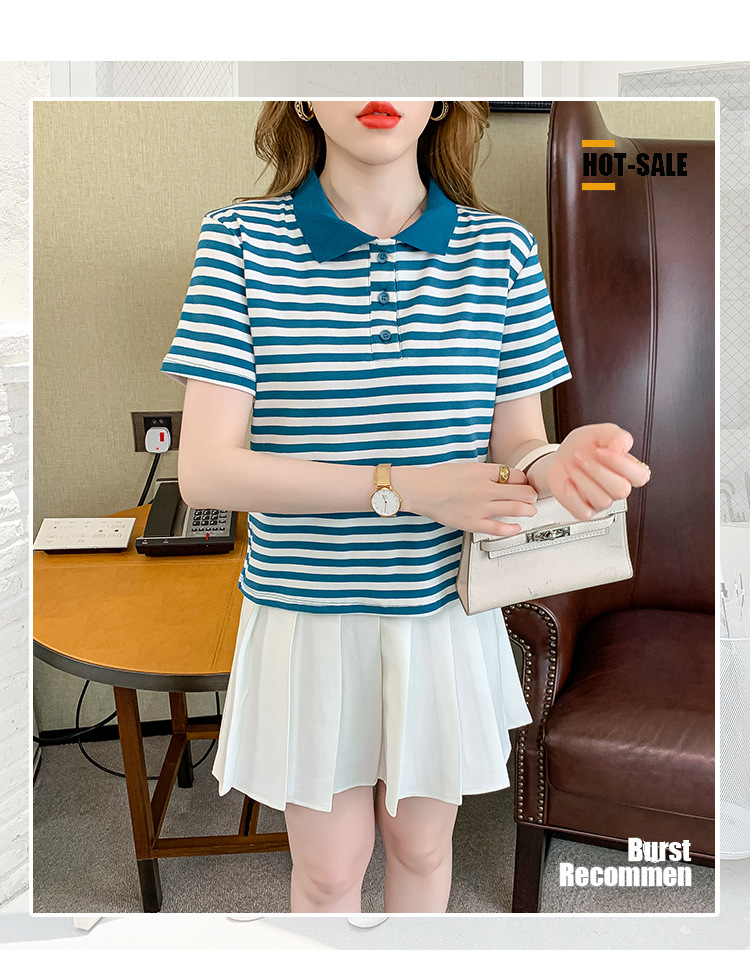 Verano coreano versión rayas mujer commuter patchwork color polo cuello manga corta camiseta mujer diseño sentido moda legging pic 1