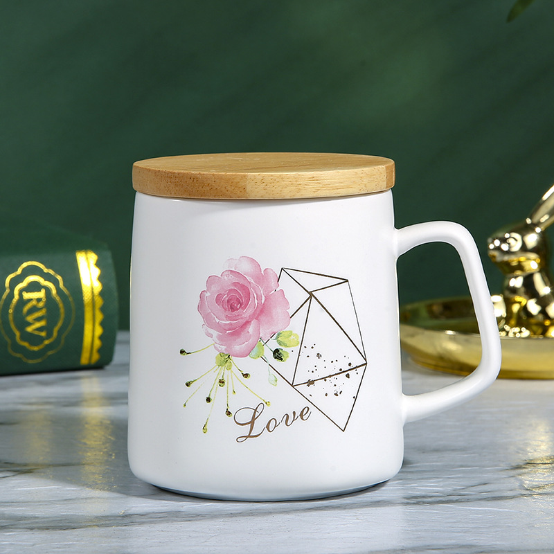 北欧陶瓷杯素雅花卉马克杯带竹盖小清新水杯带密封木盖杯子详情9