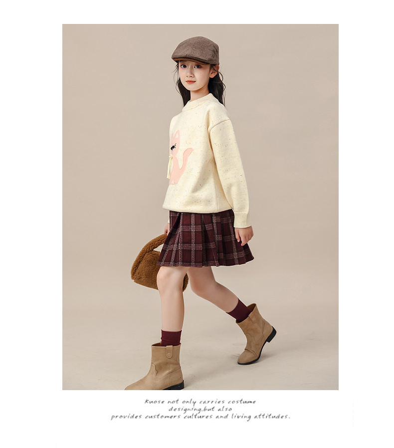 红色圣诞新年款女童磨毛条纹百褶裙秋冬新款中大童毛呢格子半身裙详情8