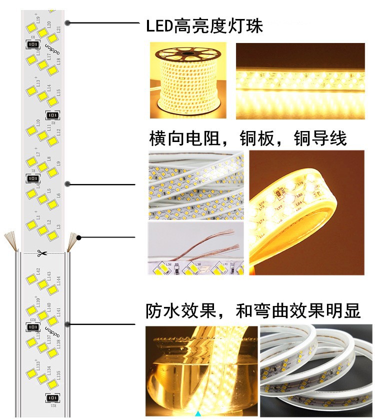 LED light strip waterproof 220V, seven-color double row, three-row 2835, outdoor three-color 5730, construction site household engineering light strip pic 9