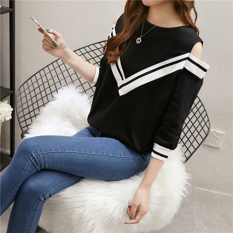 Spring and Autumn new versatile T-shirt for women, 7-inch sleeved off-the-shoulder long-sleeved sexy half-sleeved top pic 16