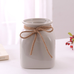 生产批发灰色陶瓷花瓶三件套带麻绳蝴蝶结文艺小清新花器摆件小号详情2