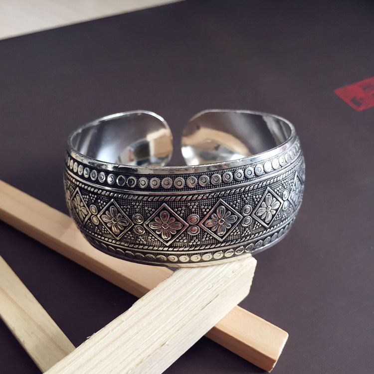 Retro ethnic style silver bracelet, European and American carved wide opening bracelet, fashionable and individual Miao silver aged ancient-style jewelry pic 24