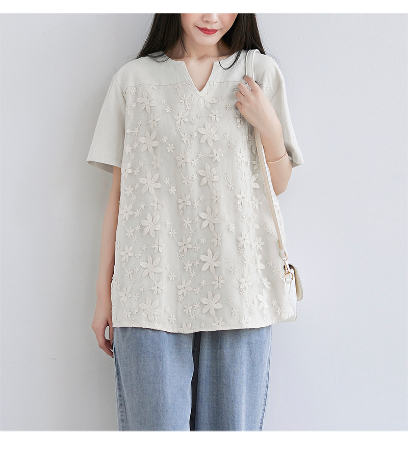 2022夏季新款速卖通欧美女装蕾丝刺绣短袖衬衫宽松女士上衣T恤详情29