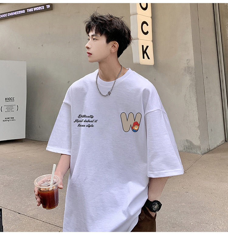 Camiseta de manga corta de estilo americano de algodón pesado hombre verano 2024 nuevo oso estampado estado de moda puerto estilo chico camiseta pic 28