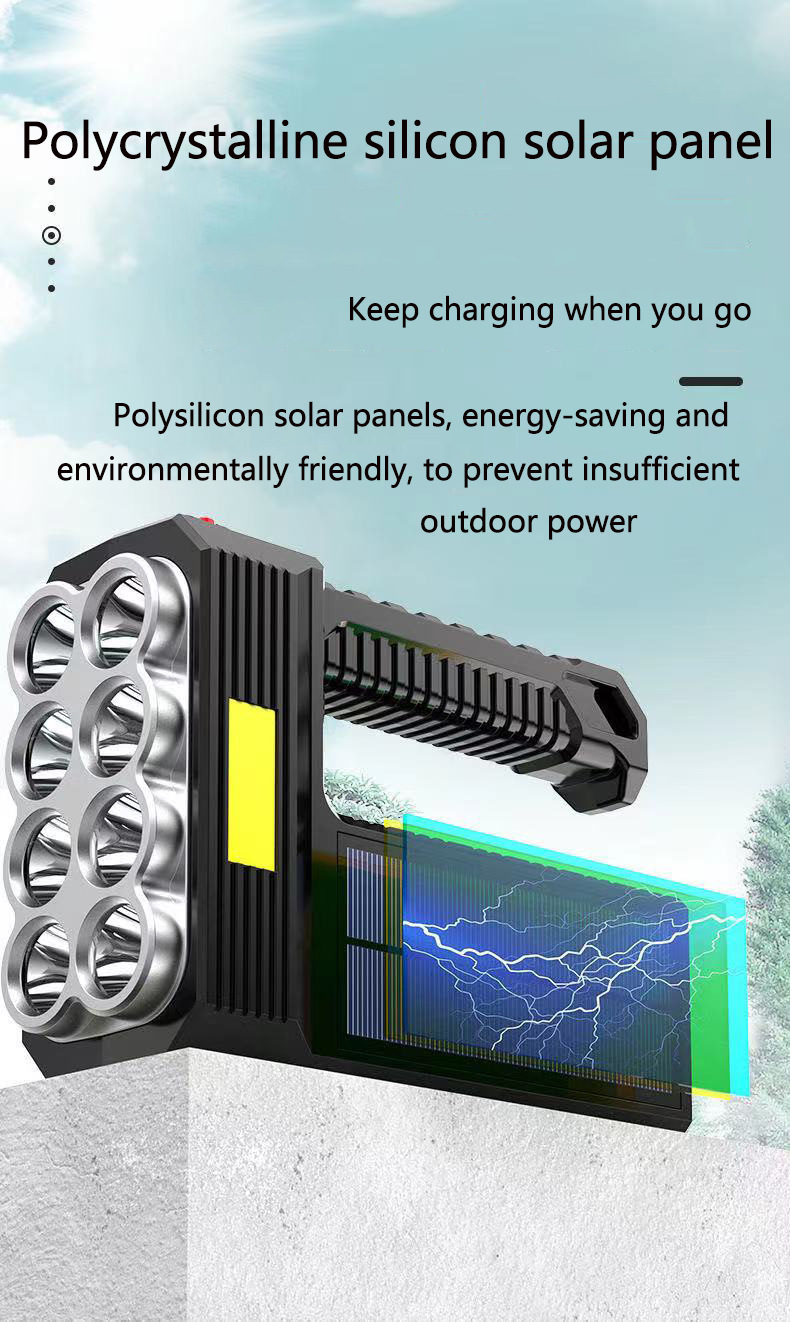 义乌闪电鹰新款太阳能充电式USB强光手电筒超亮8头led手电筒手提详情24