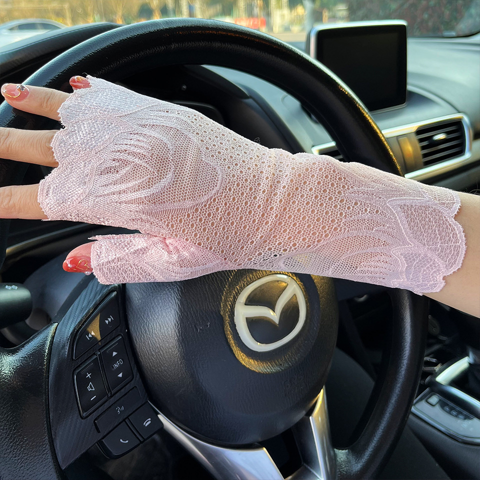 韩版冰感蕾丝手套女士夏季防晒薄款透气中老年广场舞加长半指批发详情12