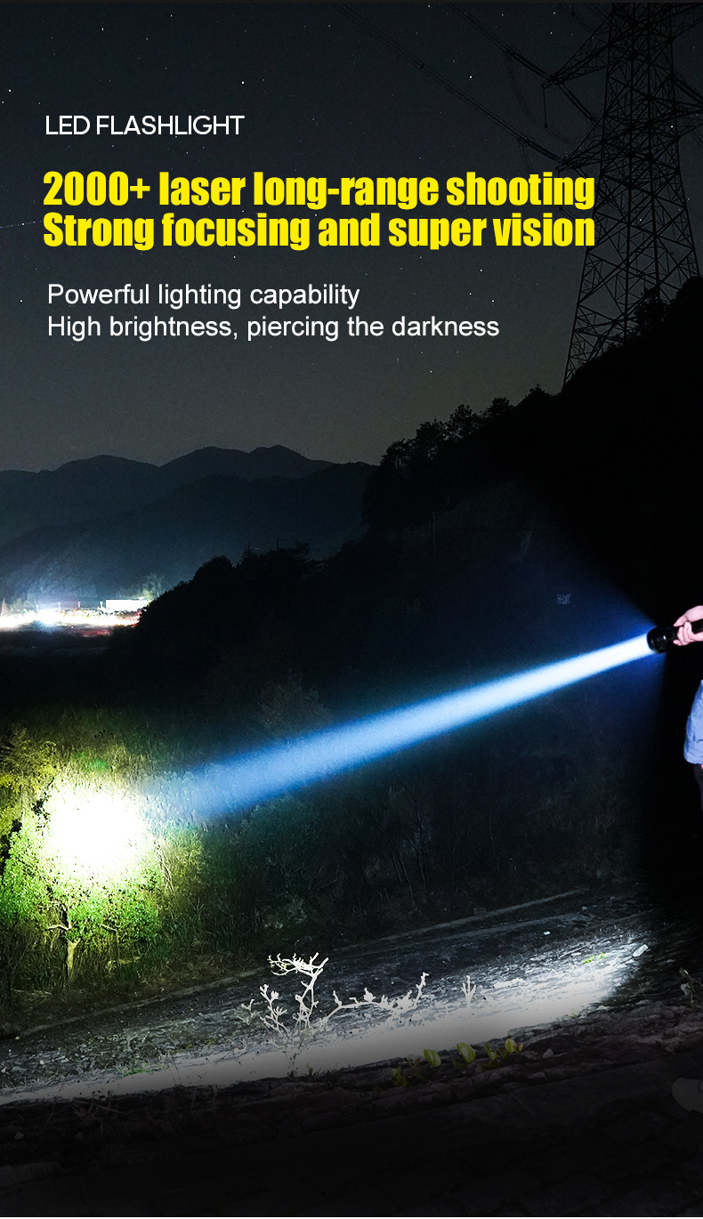 The new white laser high-intensity flashlight is a multi-functional USB charging fluorescent side light with digital display warning function pic 9