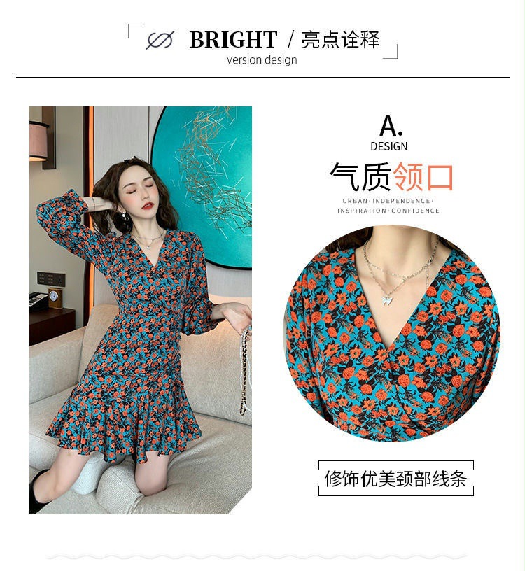法式碎花V领长袖连衣裙女秋装纯欲风修身性感包臀裙打底辣妹短裙详情4