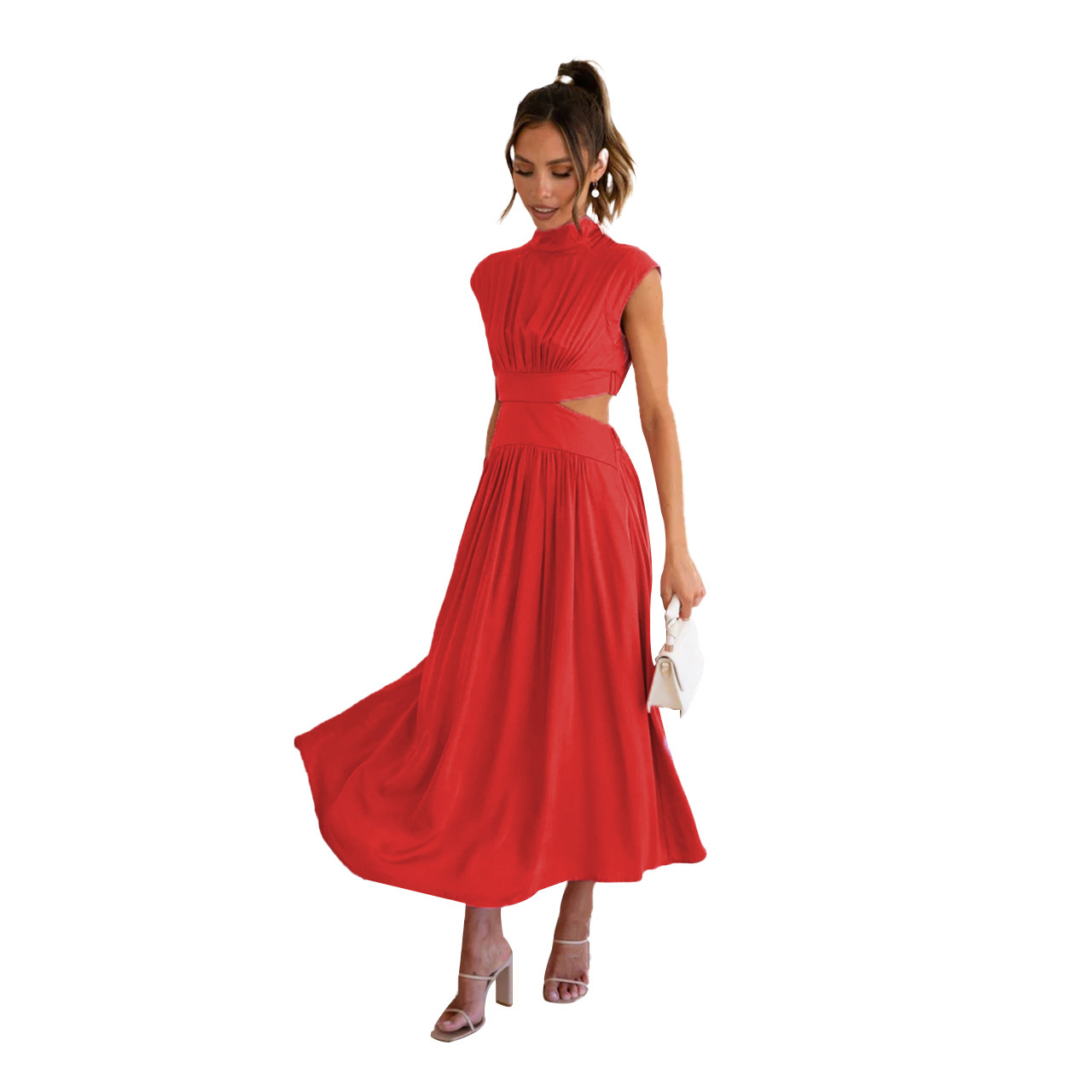 A sweet and fashionable summer stand-up collar macaron-colored waist-exposing long dress from Europe and America in 2023 pic 58