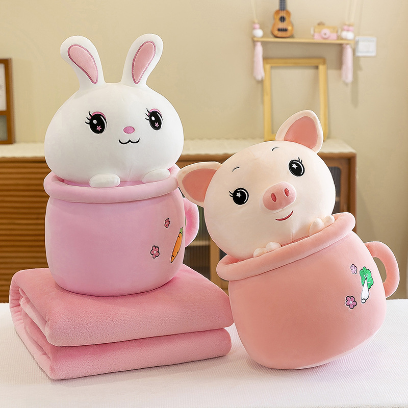 Cartoon rabbit, panda, cute piggy, milk tea cup, dual-purpose throw pillow blanket, two-in-one blanket, office midday rest pillow pic 25