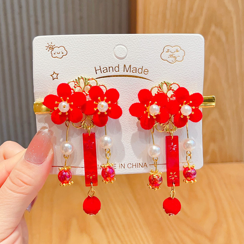 新年款红色古风流苏发夹儿童汉服发卡头饰女童复古蝴蝶结发夹发饰详情59