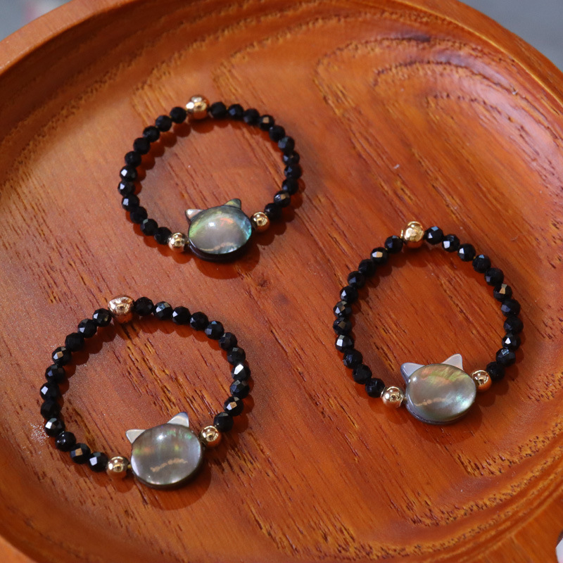 Natural black butterfly shell, extremely fine black spinel, kitten ring, crystal, black crystal, personalized bead string, ring and bracelet pic 4