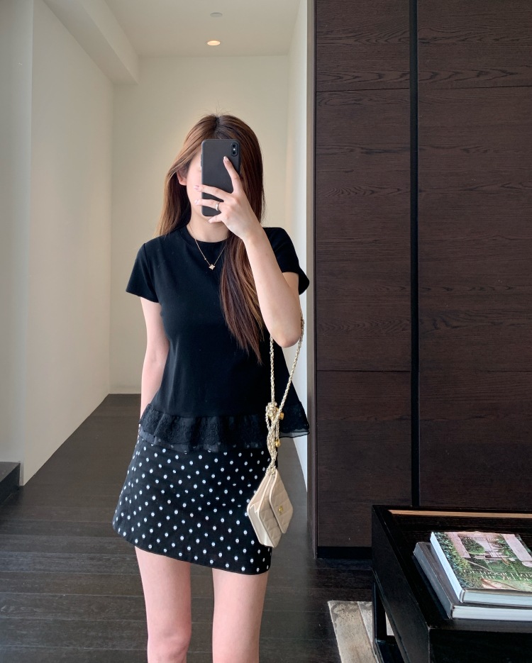 A13512甜美少女感 设计感下摆蕾丝花边拼接显瘦短袖T恤女春夏新详情15