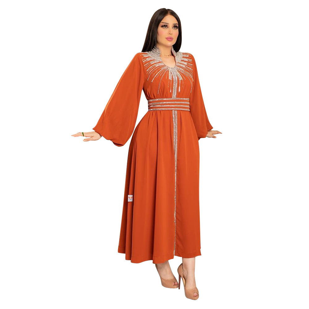 XQY500090 Foreign trade Arab robe, Middle East kaftan fashion Hot diamond belted chiffon dress pic 25