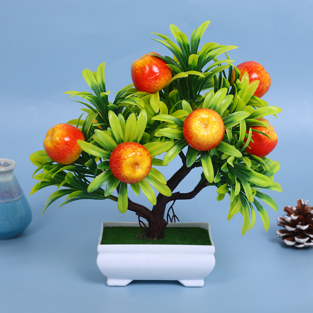 A comprehensive collection of simulated fruit potted plants and bonsai, including red apples, pomegranates, strawberries, oranges, peaches, mangoes, bananas, and red peppers for decoration pic 8