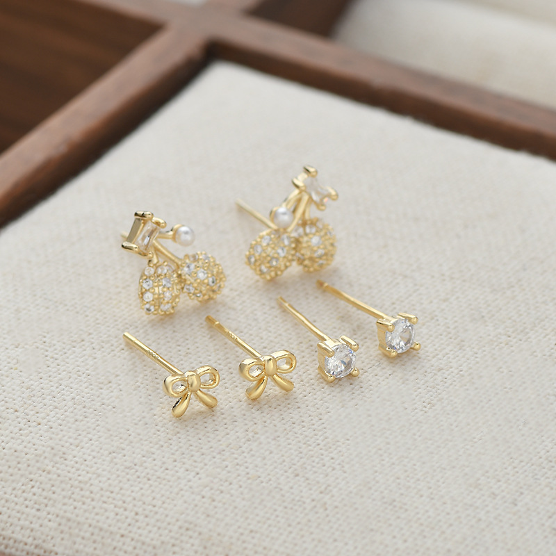 S925银针一卡三对套装耳钉女睡觉不用摘樱桃蝴蝶结耳饰品学生耳坠详情7