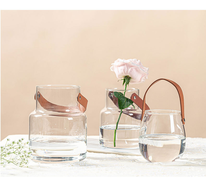 ins风皮革手提玻璃花瓶简约花器家居装饰品收纳摆件烛台水培花瓶详情23