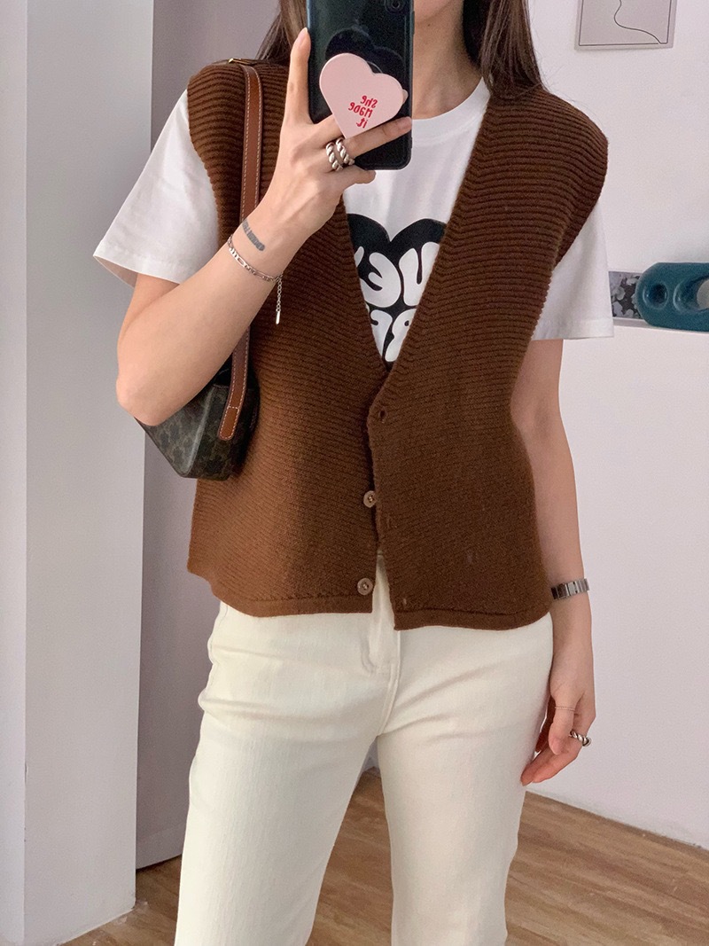 Korean Spring new style: Simple solid color, loose, striped V-neck knitted small vest cardigan for women 2727 pic 17