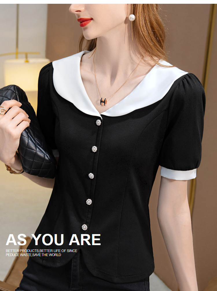 短袖t恤女2022新款女装时尚撞色v领棉体恤减龄娃娃领收腰扣子上衣详情17