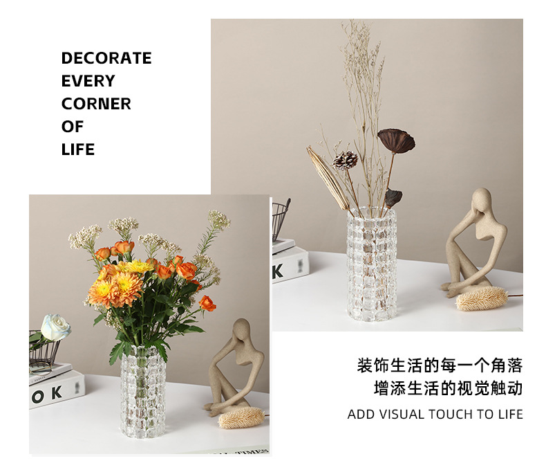 Pastoral simple crystal glass vase, living room dining table flower vase, transparent checkered fresh flower round straight tube vase pic 4