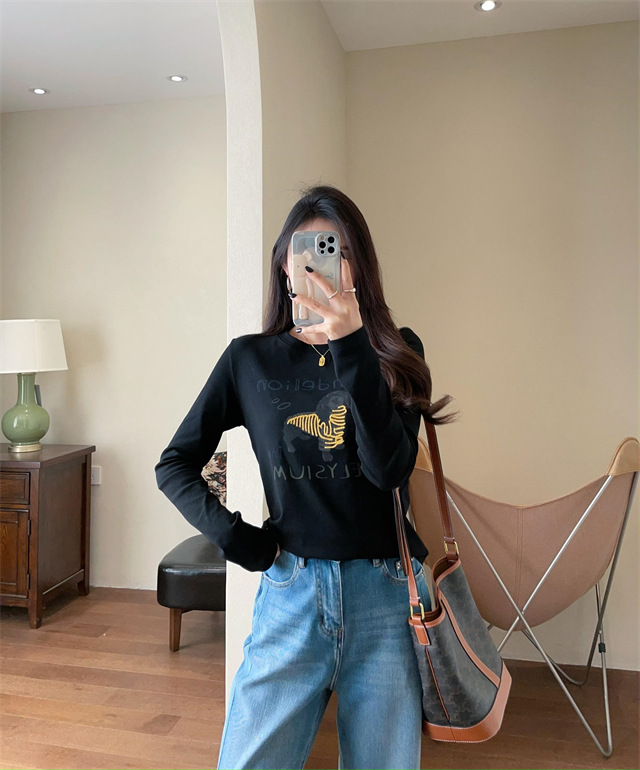Playful and youthful embroidered printed puppy loose straight top straight-shoulder round-neck long-sleeved T-shirt for women 2025 early Spring G021418 pic 33