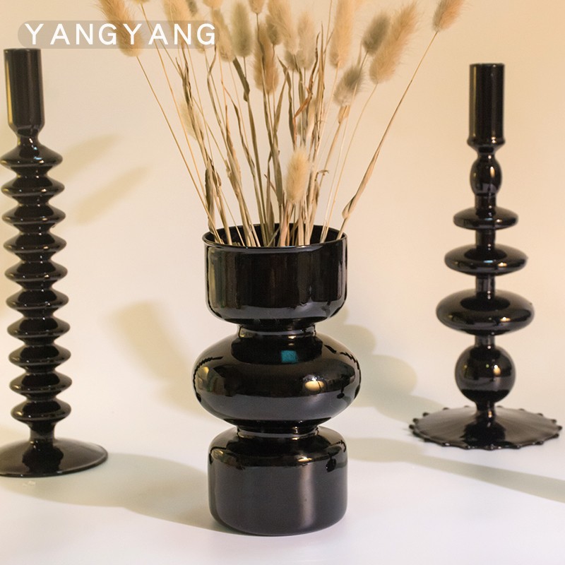 Simple black vase decoration, Jingdezhen table decoration, Zen-style dried flower bouquet, living room Chinese-style flower arrangement, retro pic 1