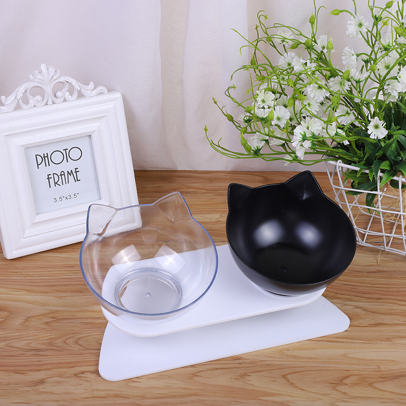 Internet-famous cat head double bowl food-grade PC tilted neck guard cat bowl, detachable and easy-to-clean pet bowl, pet feeding product pic 1