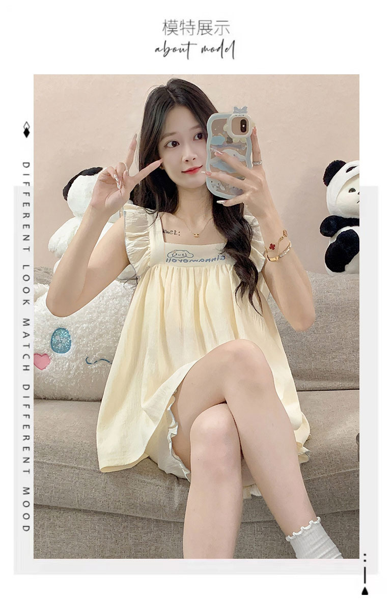 睡衣女夏季云朵棉甜美可爱风短裤吊带带胸垫两件套可外穿家居服女详情1