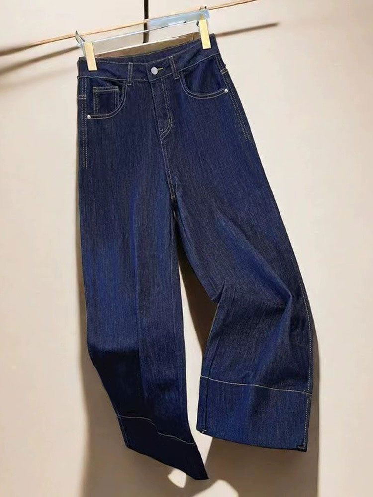 夏季薄款丹宁蓝原色时尚牛仔裤女小个子大码百搭深蓝色九分阔腿裤详情4