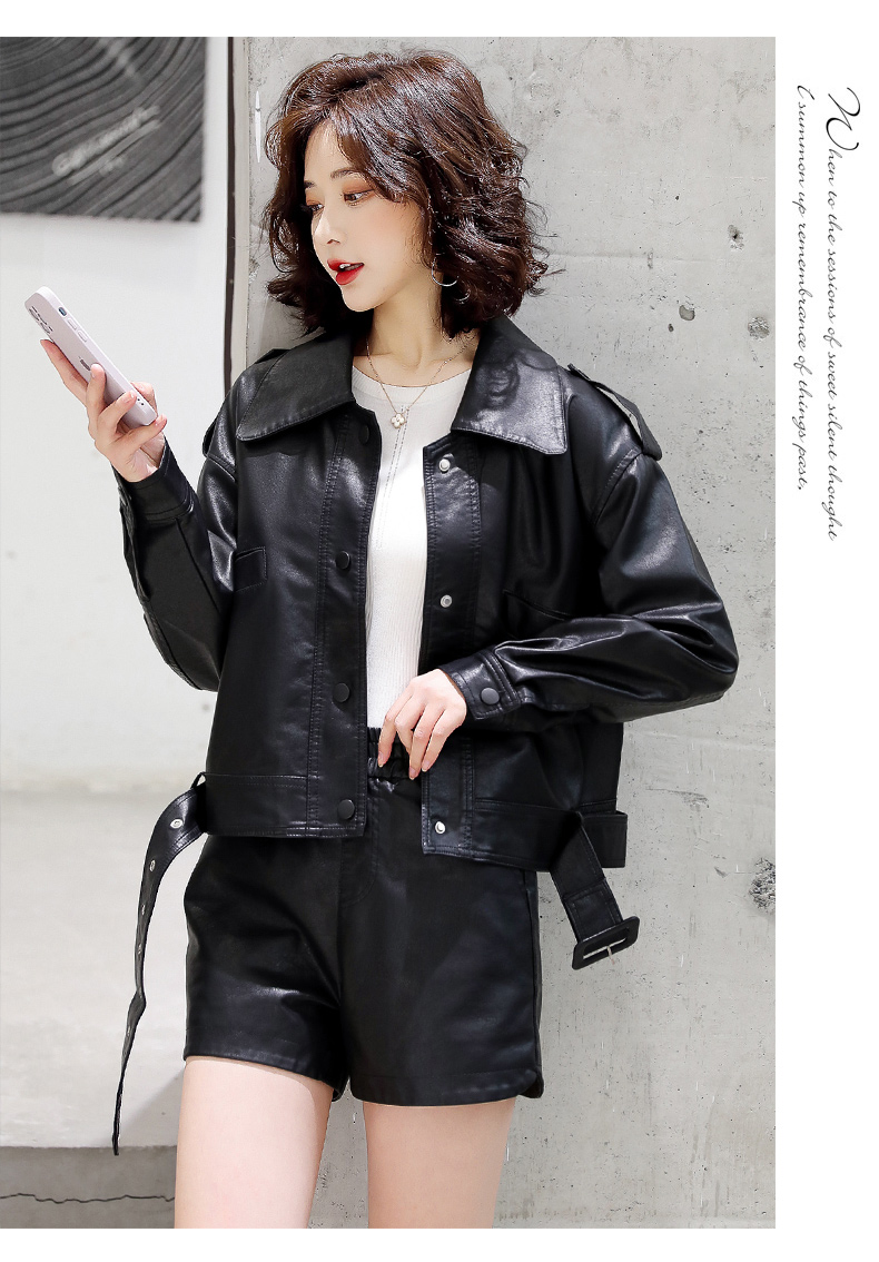 2022秋季新款女装皮拼接PU上衣短裤两件套短款皮衣休闲时尚套装详情22