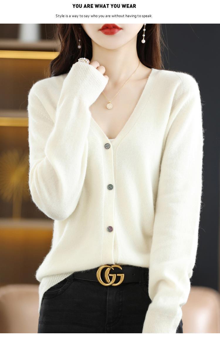 New Spring and autumn knitted cardigan for women, V-neck loose short solid color long-sleeved versatile sweater coat made of wool blend pic 58