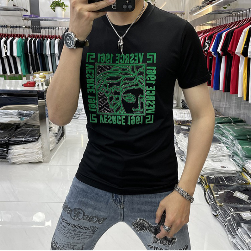 高品质夏季男士短袖t恤植绒圆领衫美人头半袖男装丝光棉薄款休闲详情17